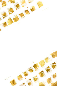 Watercolor gold foil pieces are used to create a glittering effect. Old gold texture. Gold frame. The gold foil borders the isolated PNG illustration background for holiday projects.