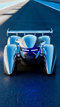 High-tech futuristic robotic race car with sleek design on a racing track during daylight vertical wallpaper 