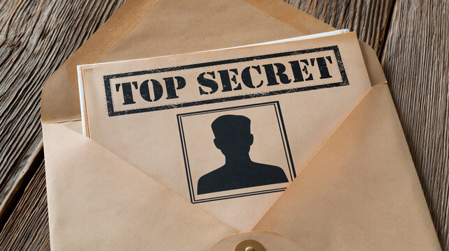 Top secret file envelope document espionage investigation concept, mysterious confidential agent silhouette folder on rustic wood table background