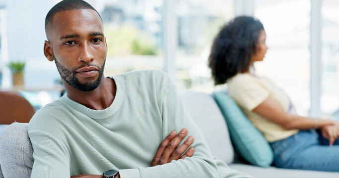 Ignore, couple and sad man with thinking on couch, breakup decision and conflict for affair confession. Fight reflection, angry and African people with cheating dispute for separation, home or choice