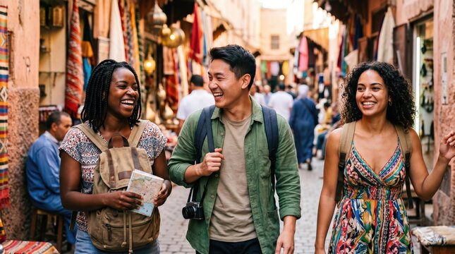 Diverse group of young adult friends exploring a traditional Moroccan souk market, smiling tourists walking through narrow alleyways, cultural travel and adventure concept