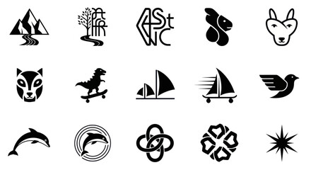 Fototapeta premium Collection of Minimalist Black and White Icons: Animals, Nature, Objects, and Symbols