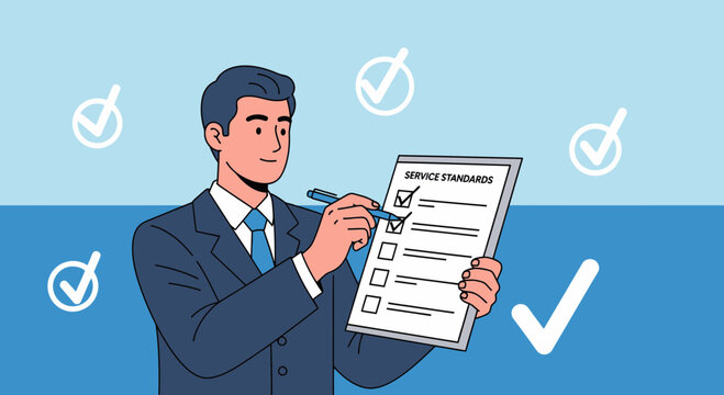 Businessman checks service standards checklist, graphic icons approved