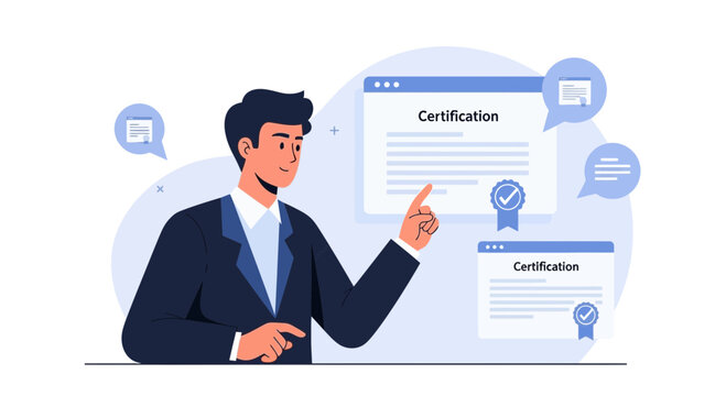 Businessman pointing at certification, business education, diploma, award, professional growth