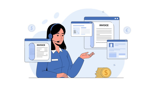 Businesswoman with headset, invoices and money symbols
