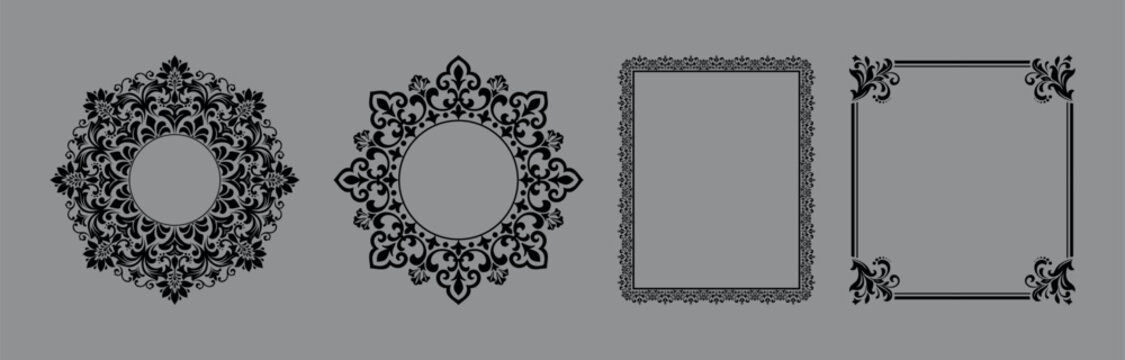 Set of decorative frames Elegant vector element for design in Eastern style, place for text. Floral black and gray frames. Lace illustration for invitations and greeting cards