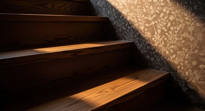 Sunlight casting warm shadows on rich, textured wooden stairs with floral patterned wallpaper.