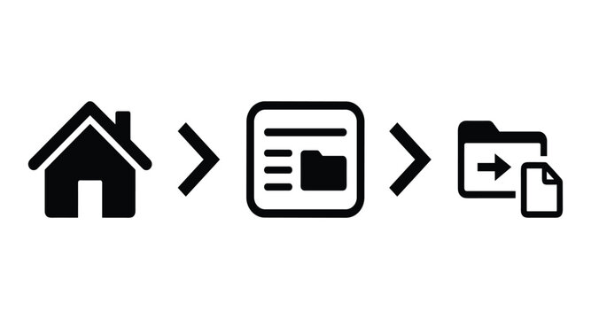Home to file copy process, digital data transfer icon sequence, digital workflow.