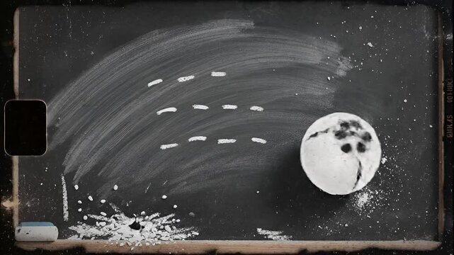 Chalkboard animation of a planet with craters and orbiting objects.