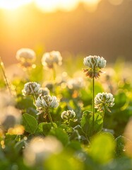 Fototapeta premium A closeup macro of white dandelion seeds and bright blossoms captures the natural beauty of flora in a sunlit spring meadow under a blue sky