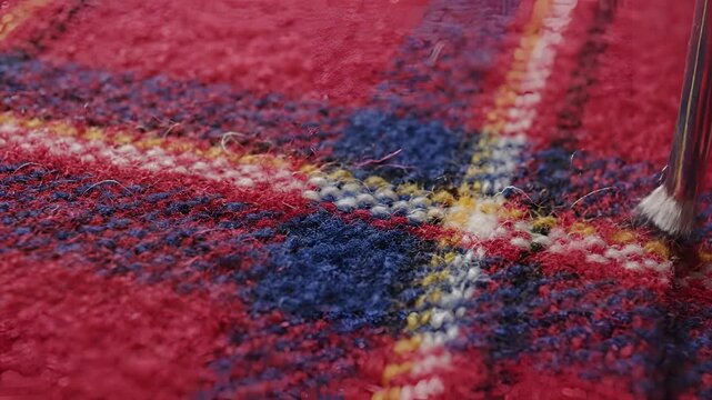 Closeup of a Red Plaid Blanket Texture with Blue and White Accents.