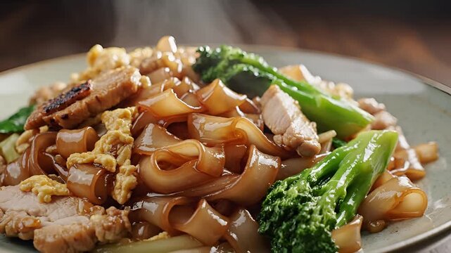 Delicious Pad See Ew Noodles with Chicken and Broccoli Closeup.
