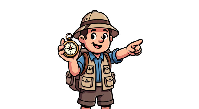 Cartoon Explorer Kid with Compass and Backpack