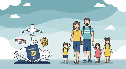 Fototapeta premium Family Travel Preparation with Passport and Airplane Journey Illustration