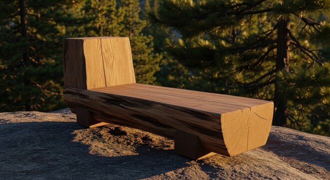 Robust raw timber backless seating form with natural wood grain placed outdoors on rock