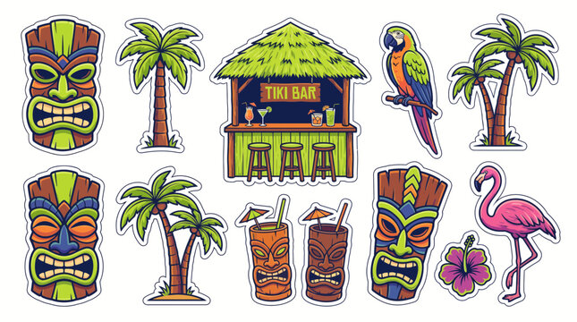 Tropical tiki bar sticker illustrations featuring colorful masks, palm trees, parrot, flamingo and cocktails, representing summer vacation, symbolizing exotic beach party decor and branding