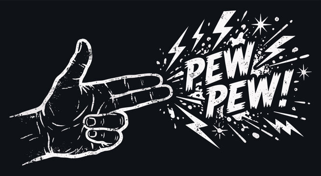Hand making a gun gesture with explosive pew pew comic pop art lettering on a black background vector illustration