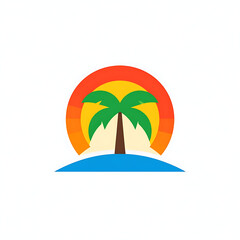 Obraz premium Tropical island palm tree silhouette against a vibrant sunset over the ocean, representing vacation and paradise