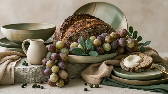 Rustic breakfast with sourdough bread grapes and ceramic tableware