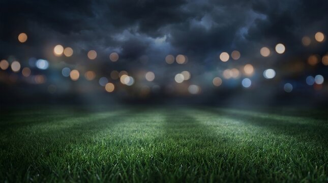 Dark empty soccer stadium grass pitch at night with blurred stadium lights