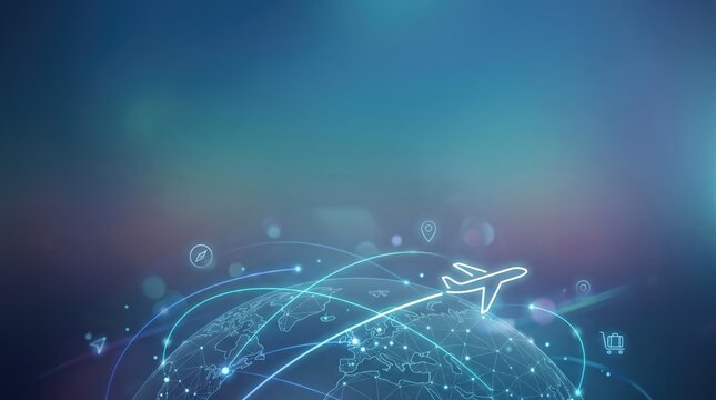 Global travel technology concept with digital globe and airplane flight path lines for international logistics, tourism booking, and worldwide connectivity business solutions