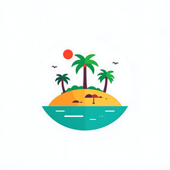 Obraz premium Tropical island paradise with palm trees, clear blue water, and a vibrant sun, conveying a sense of vacation and relaxation