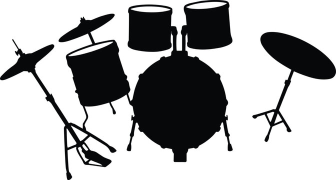 Silhouette of Drum Kit with Cymbals, Tom‑Toms, and Bass Drum for Music Performance Illustration