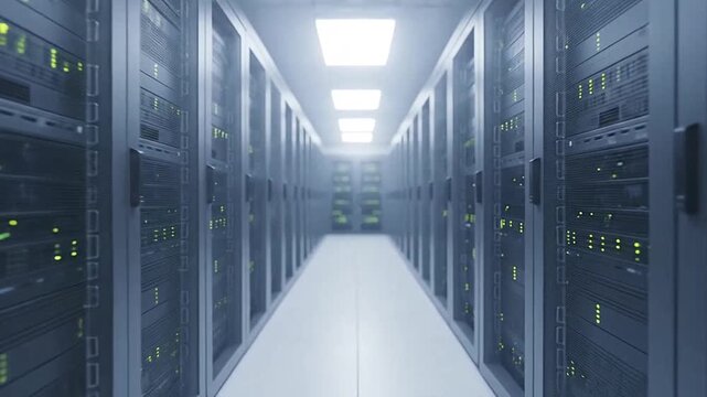 A long corridor of computer server racks in a data center with bright lights.