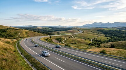 Fototapeta premium Scenic winding highway road through rolling hills and rural landscape with cars driving during sunset for travel transportation and infrastructure concepts