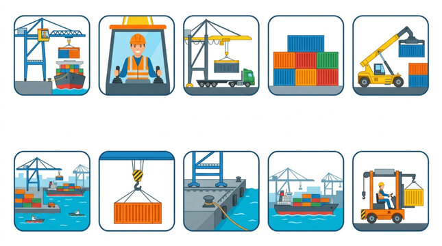 Flat lay collection of colorful shipping containers, cranes, and dockworkers in a port setting, conveying logistics and global trade operations