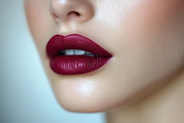 Naklejka premium Burgundy beauty. Close-up view showcasing a model's face with striking burgundy lipstick, emphasizing their flawlessly smooth skin and perfect teeth.