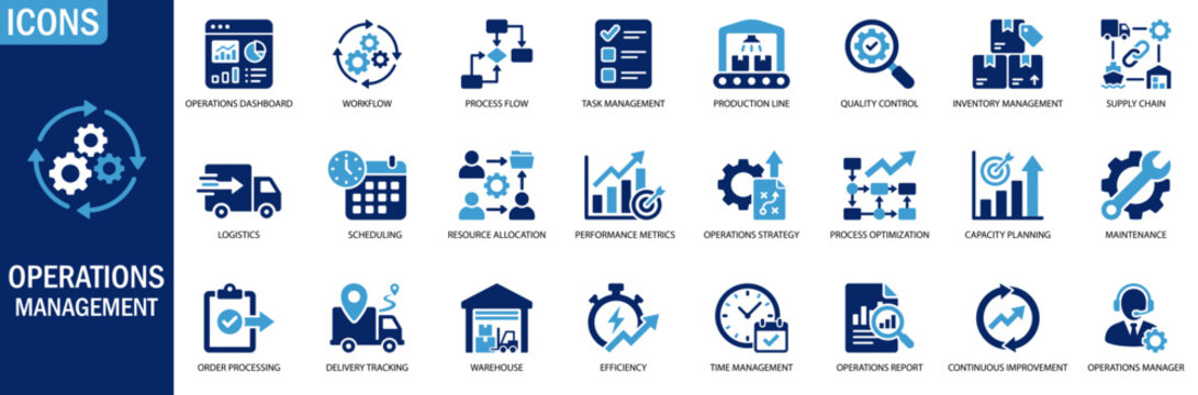 Operations management icons set including supply chain logistics workflow process and inventory control symbols