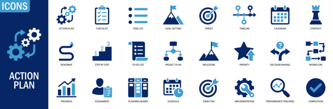 Action plan icons set for project management task checklist roadmap schedule and goals setting