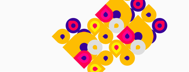 Fototapeta premium Abstract pattern features colorful circles, squares. Yellow dominates, purple accents present. Simple geometric shapes create visual interest.
