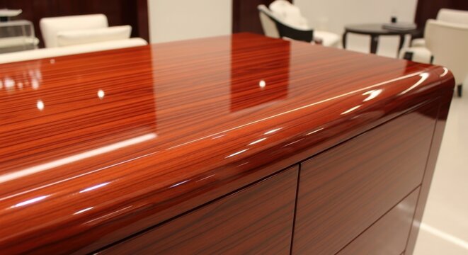 A highly polished high-gloss lacquered wood veneer surface with rich reddish-brown tones and visible grain texture