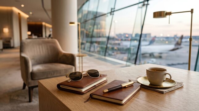 Business travel concept in airport lounge with coffee and notebook on table, luxury waiting area with tarmac view, professional productivity during flight layover