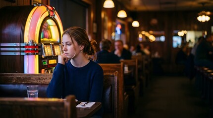 Obraz premium Thoughtful girl sitting alone in a retro diner with a vintage jukebox