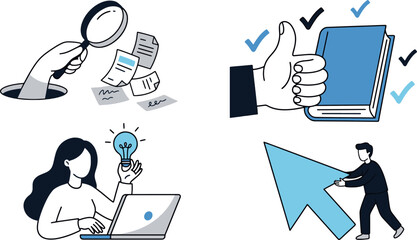 Business and education workflow concepts with research analysis documentation approval creativity and digital cursor navigation icons set vector illustration © Kanon Islam