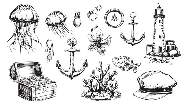 A collection of hand-drawn nautical elements including jellyfish, anchors, a treasure chest, lighthouse, compass, and captain's hat, sketched in black and white.