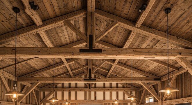 Rustic Reclaimed Wood Beams and Timber Framing in an Architectural Interior Ceiling