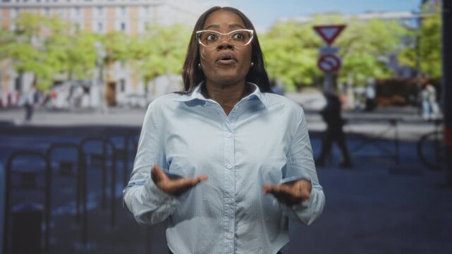 Woman with glasses making ok hand signs and open palmed expressive gestures on a street with bicycle racks and traffic signs; confidence communication.