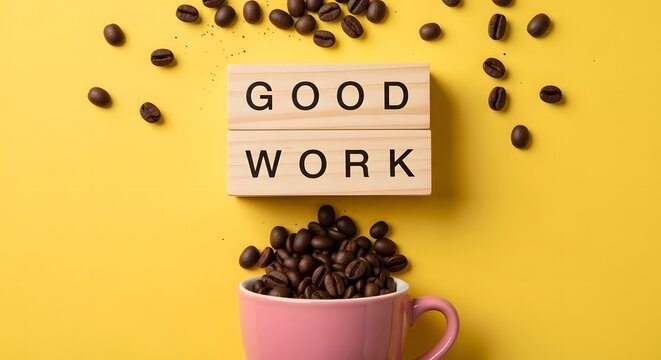 Good Work Message with Coffee Beans and Pink Cup on Yellow