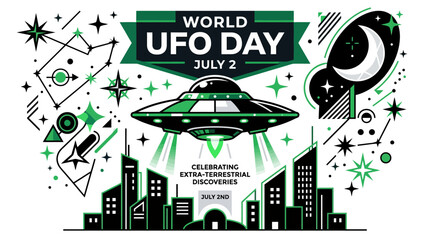 World UFO Day July 2nd Celebration with Flying Saucer over City Skyline © Kamis
