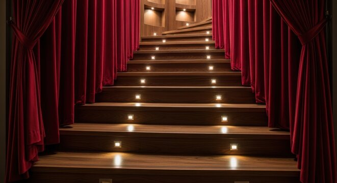 Luxurious dark wood staircase with integrated lighting and plush red curtains leading upwards