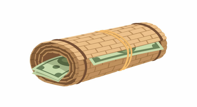 Rolled dollar bills wrapped in brown woven paper.