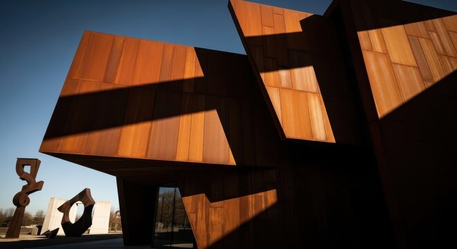 Dynamic Angled Planes of Weathered Corten Steel Architecture Cast Striking Shadows Under Sunlight