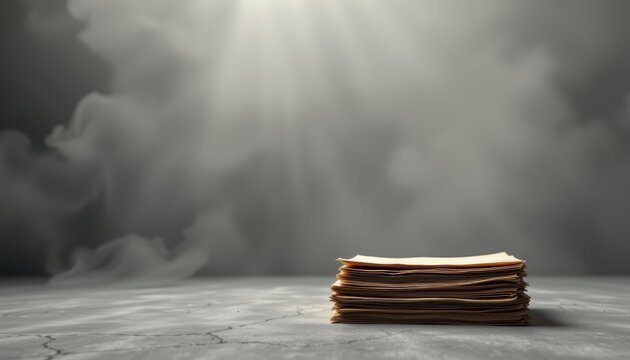 Stack of old newspapers on textured surface with smoky, moody background lighting.