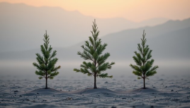 Three small pine trees growing in sandy soil with misty mountains in the background.