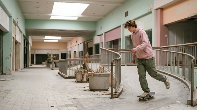 Young man skateboarding through an abandoned shopping mall interior