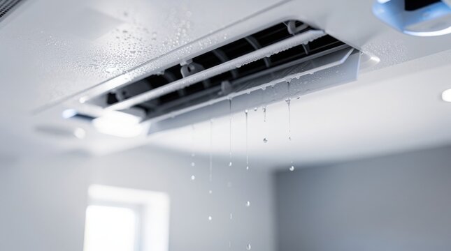 A malfunctioning white air conditioner on a ceiling is dripping water. Condensation and frost are visible on the vent, indicating a breakdown that needs repair.